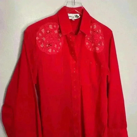 Vintage Ariel's Red Western Long Sleeve Rhinestone Floral Cutout Button Up Small - Picture 2 of 7
